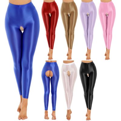 US Women's Shiny High Waist Sports Fitness Yoga Pants Elastic Glossy Trousers